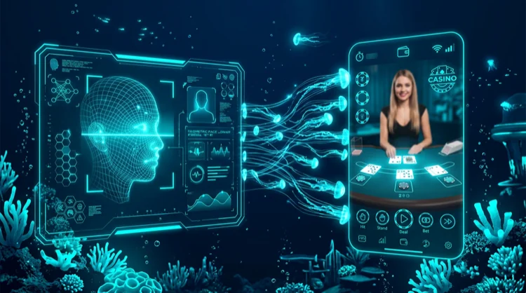 Biometrie und Live-Casino auf dem Smartphone, verbunden durch Datenstr&ouml;me unter Wasser.