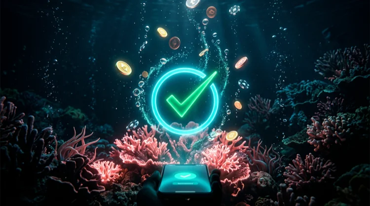 Mobilger&auml;t mit erfolgreicher Zahlungsbest&auml;tigung unter Wasser mit M&uuml;nzen und Chips.