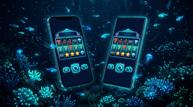 Zwei Smartphones mit Casino-Oberfl&auml;che in Unterwasser-Szene mit Korallen.