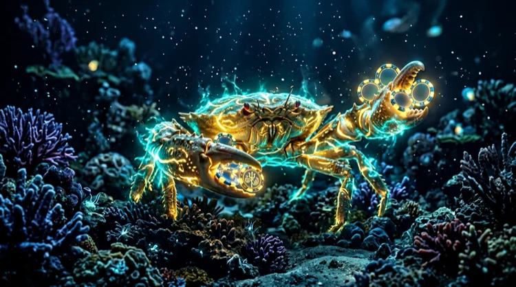 Mystischer leuchtender Bonus Crab mit Tokens und Korallen unter Wasser.