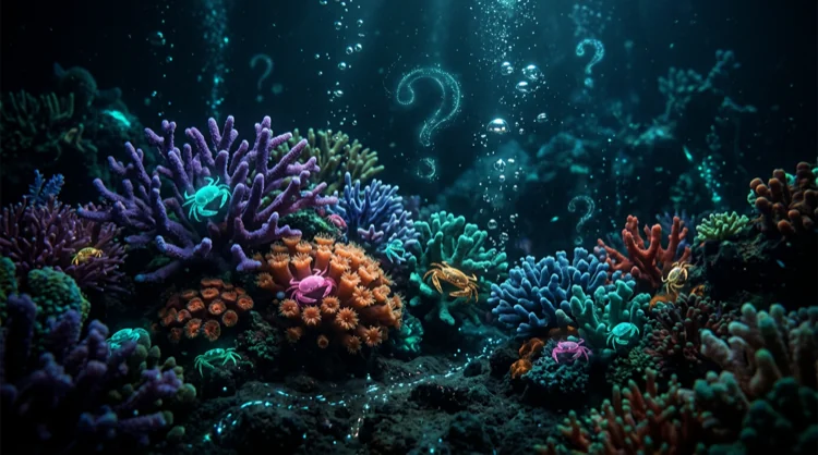 Mehrere kleine Mystery Crabs in verschiedenen Farben zwischen Korallen mit Fragezeichen.