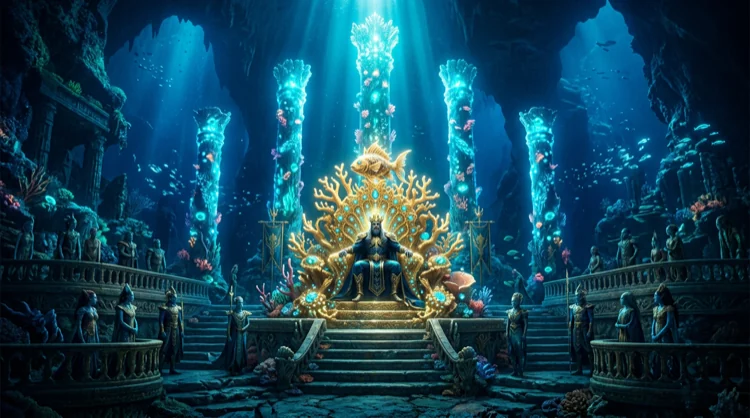 VIP-Thronsaal unter Wasser mit f&uuml;nf aufsteigenden Korallens&auml;ulen und Krone.