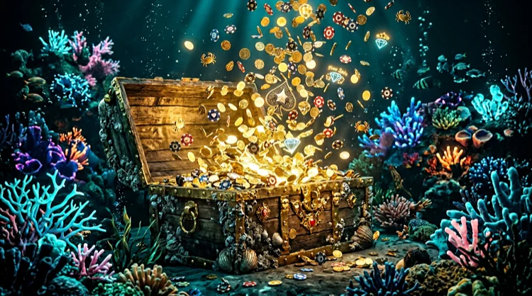 Unterwasser-Schatzkiste mit Licht, Chips, M&uuml;nzen und Crab-Token.