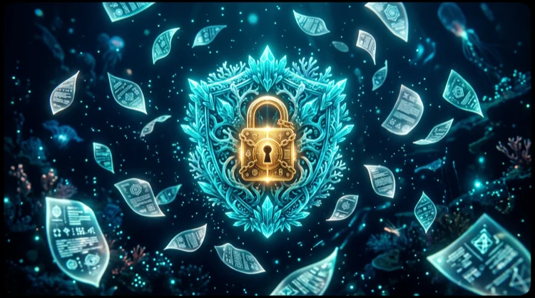 Digitales Sicherheitsschild aus Koralle mit Schloss unter Wasser.