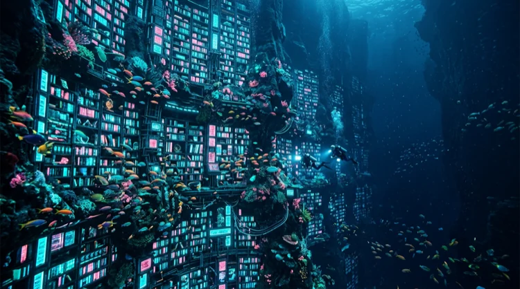 Gro&szlig;e Spielbibliothek als leuchtende Slot-Panels wie eine Korallenwand.