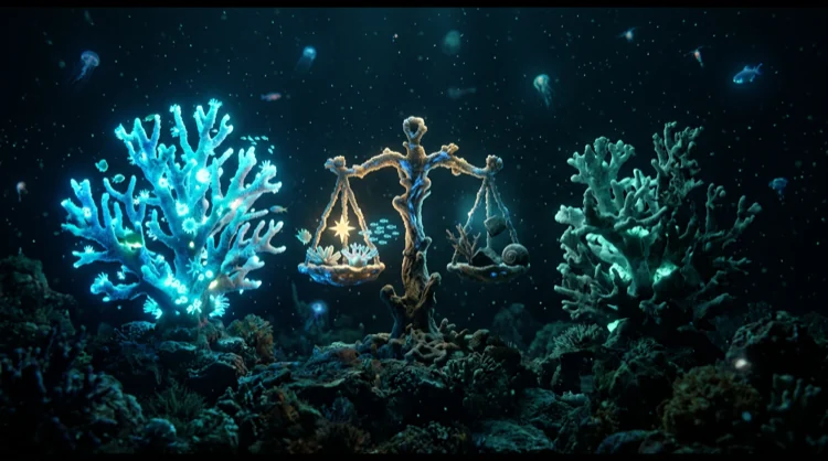 Stilisierte Waage zwischen zwei Korallenformationen f&uuml;r Vor- und Nachteile.