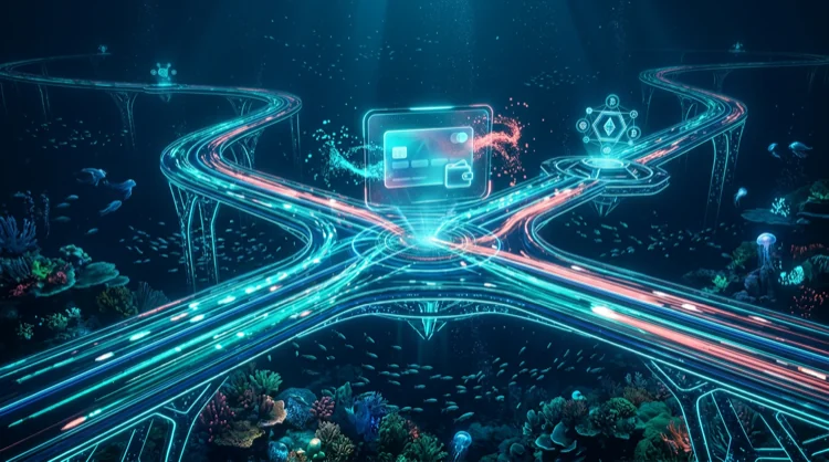 Symbolische Darstellung schneller Zahlungsstr&ouml;me mit Karten- und Wallet-Motiven.