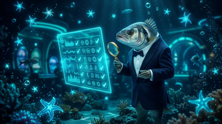 Symbolische Casino-Review: Bewertungskarte und Barsch unter Wasser.