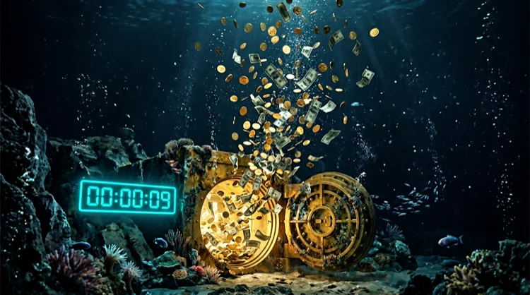 Visualisierung schneller Auszahlungen: M&uuml;nzen und Banknoten steigen im unterwasserten Licht auf.