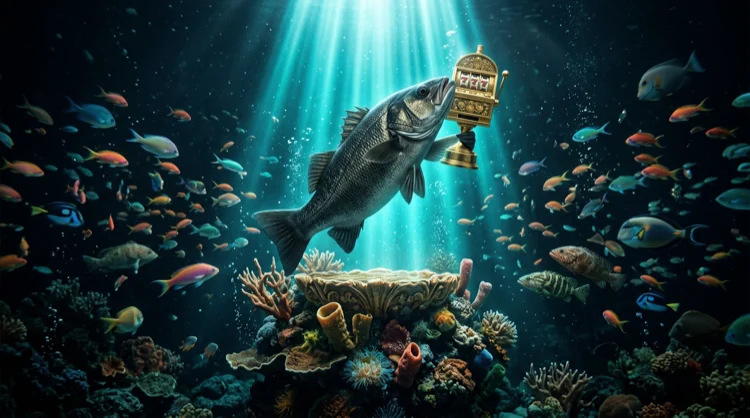 Fazit-Symbolik: Barsch auf Korallenpodest mit Troph&auml;e in Siegeslicht.