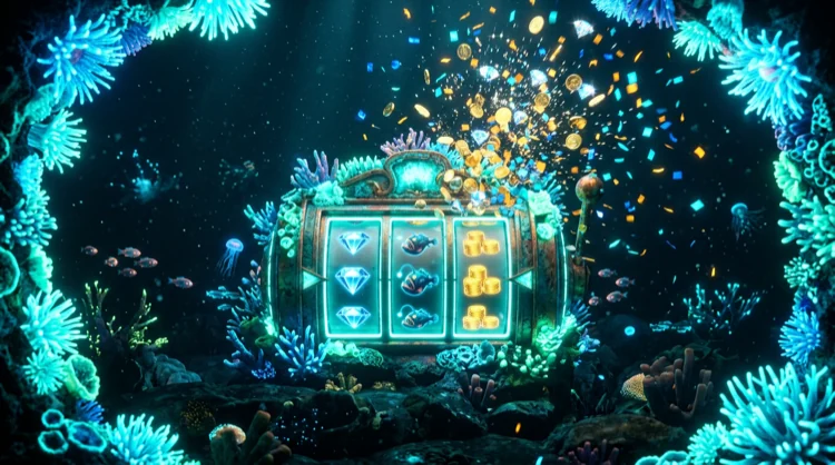 Leuchtender Spielautomat unter Wasser mit Gewinnmoment und Korallenrahmen.
