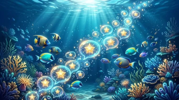 Spielerbewertungen als aufsteigende Sprechblasen und Sterne unter Wasser.