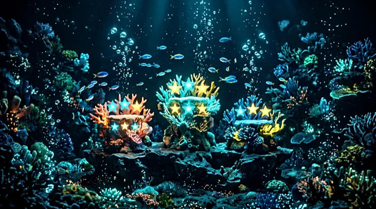 Symbolische Darstellung: Sterne-Bewertungen auf Korallenpodesten unter Wasser.