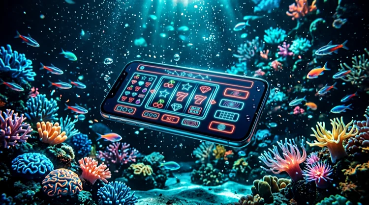 Smartphone mit Casino-Oberfl&auml;che im Deep-Ocean-Design zwischen Fischen und Korallen.