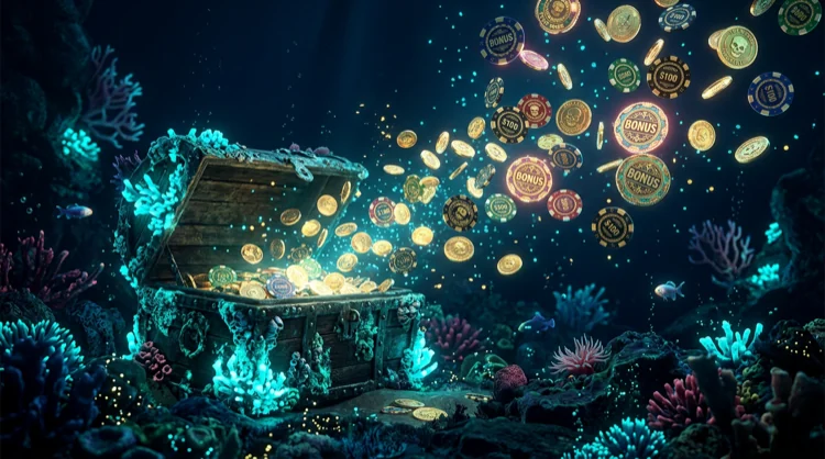 Ge&ouml;ffnete Schatztruhe unter Wasser mit M&uuml;nzen, Chips und Bonus-Licht.