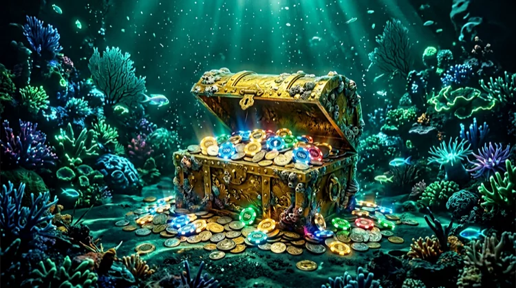 Schatztruhe mit Chips und M&uuml;nzen in t&uuml;rkis leuchtendem Korallenlicht.