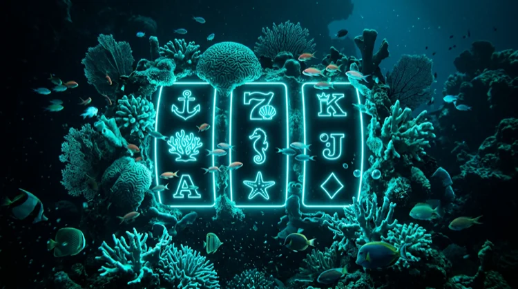 Korallenriff mit leuchtenden Slot- und Walzen-Motiven.