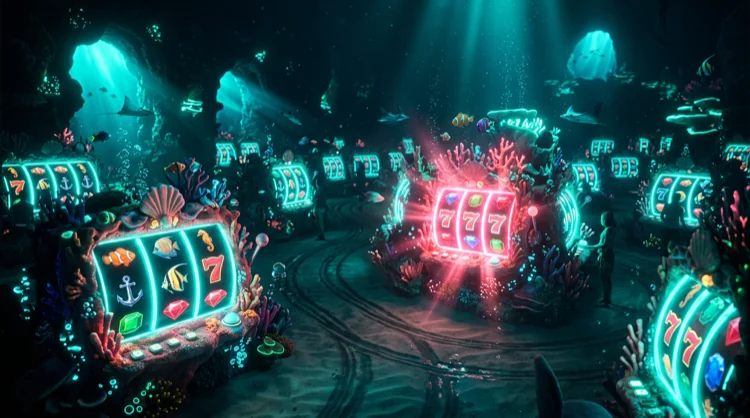 Unterwasser-Illustration: Slot-Walzen und Symbole wie ein leuchtendes Korallenriff.