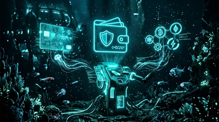 Futuristischer Zahlungs-Hub unter Wasser mit Karten- und Wallet-Motiven.