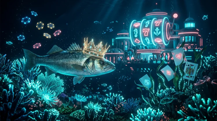 Deep-Ocean-Stimmungsbild: Barsch mit Krone, Korallen und Casino-Motive unter Wasser.